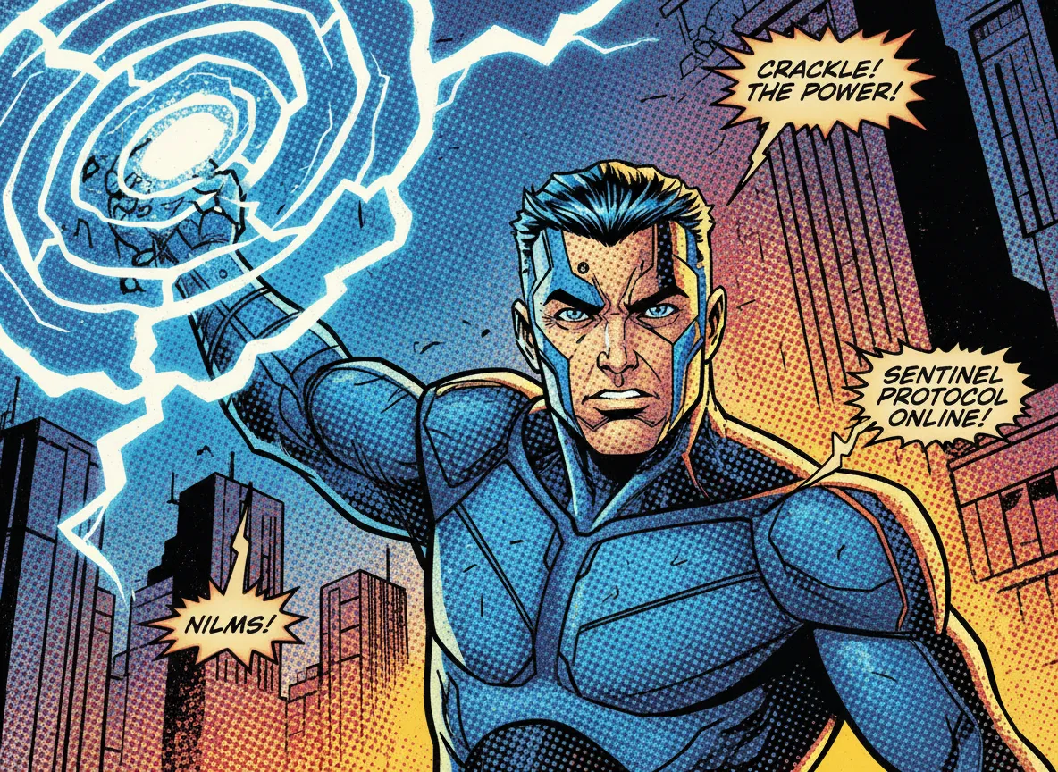 एक एआई-जनित कॉमिक इलस्ट्रेशन का क्लोज-अप दृश्य, जिसमें विस्तृत हाफ़टोन टेक्सचर प्रभाव और बोल्ड लाइन आर्ट पर प्रकाश डाला गया है।