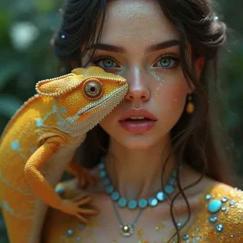 In the hands of a chameleon, 
 digital art, beautiful cute girl on the face yellow chameleon, texture of scales on the skin, craquelure, pores, radiance with the shine of the skin, yellow-pearl shiny 