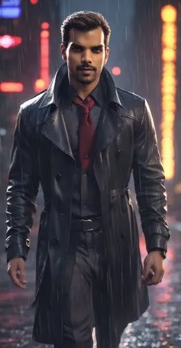 "A rugged muscular man with slicked-back blond hair wearing a long black leather trench coat. He is standing on a rainy rooftop at night. His face is calm and serious. He wears shiny red-tinted sungla