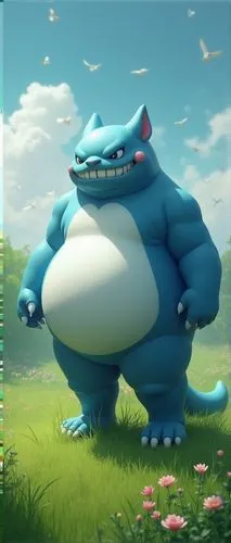 A stunning figure, plump and a mischievous grin, stands in front of a large green lawn. His body is a piercing blue, with a white body floating lazily. His fists curl gently from the wind, while his b