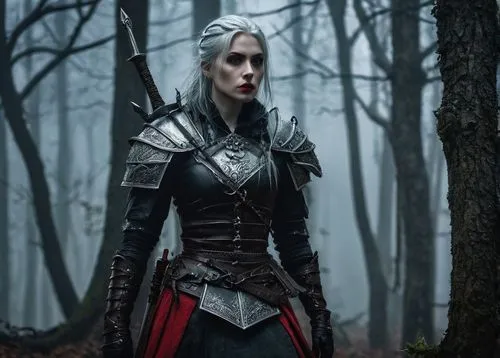 Female Witcher, dark fantasy, solo, (25yo), long silver hair, pointed ears, pale skin, black eyeliner, bold eyebrows, red lips, leather armor, metal shoulder pads, silver trim, intricate brooch, holdi
