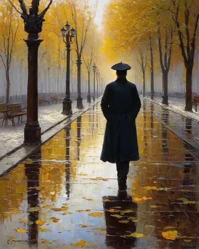 ,,a man walking down a rain covered sidewalk in the rain,man with umbrella,bischoff,dubbeldam,walking in the rain,veilleux,caillebotte,chilingarov,martindell,ioannides,adamov,vettriano,parisian,paveli