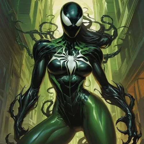Female symbiote with large black and green chest.,symbiote,symbiotes,hela,antivenom,venom,blackarachnia,patrol,araneda,madelyne,aranxta,arachne,arachnoid,anansi,osborn,walking spider,venomous,arachnid