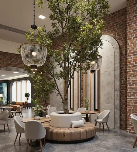 A sophisticated café with a grand indoor tree as its centerpiece, surrounded by circular seating. The space features high ceilings, classic arches, and luxurious pendant lights. ,a restaurant with lar