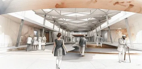 a drawing shows people walking under a structure,catwalks,dress shop,boutiques,photosphere,render,reconstructs,rendered,redevelopment,core renovation,school design,fashion street,conceptualizations,sh