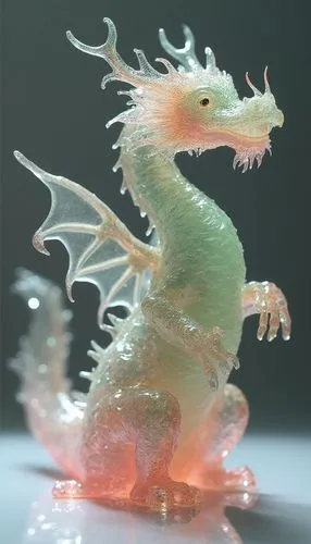 [dragon] figurine by glass, in the style of layered translucency, [green] and [pink], Light], 20 megapixels, transparency,a glass model of a dragon, standing on its hind legs,painted dragon,dragon,dra