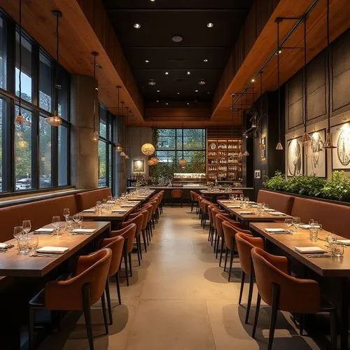 create a modern restaurant interiors for a high end restaurant


,a restaurant filled with lots of tables and orange chairs,japanese restaurant,izakaya,enoteca,kaiseki,ryokan,momofuku