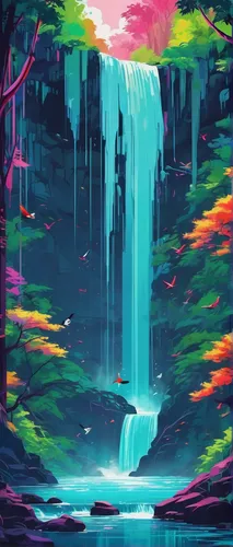 Craft a peaceful and serene animation of a waterfall flowing gracefully in a lush forest, with birds chirping in the background.,waterfall,acid lake,fallen colorful,water fall,colorful water,a small w