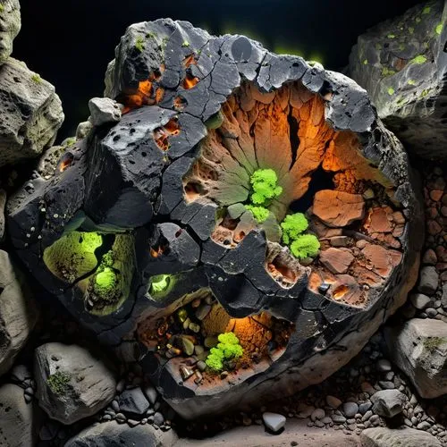 roccia spaccata , lavorata e levigata di colore nero, con all'interno minerali fluorescenti,the rocks are decorated with plants and stones,lava stones,volcanism,solidified lava,terrarium,mushroom land