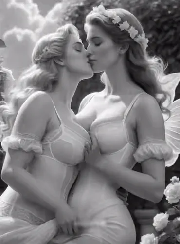 A heartfelt kiss between two distinguished lovers.,vintage fairies,rhinemaidens,secret garden of venus,negligees,maenads,garamantes,dossi,vintage angel,fairies,celtic woman,mother kiss,goddesses,muses