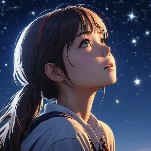 Anime girl looking up at the stars,starry sky,starry,stargazing,moon and star background,the moon and the stars,stars and moon,falling stars,star sky,falling star,celestial,constellation,starlight,the