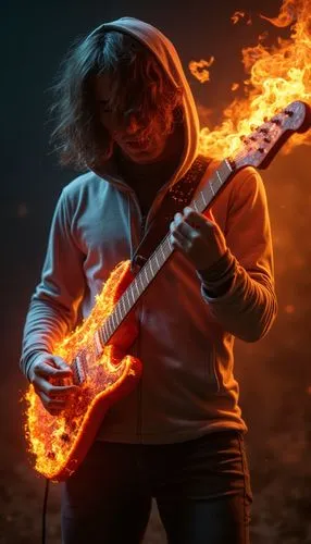 realistic guitarist plays with a burning guitar,a man in an hoodie holding a guitar with fire coming out of his shoulders,fire artist,pyromaniac,firebrand,fire background,pyromania,fire dancer,fire ea
