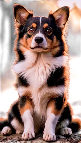 dog, pet photography, solo, furry, brown eyes, floppy ears, white and black fur, sitting, front paw raised, tongue out, casual pose, natural setting, warm sunlight, shallow depth of field, soft focus,