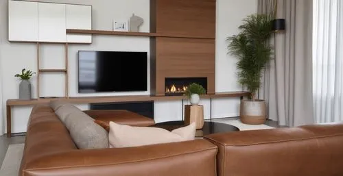 a brown leather couch with a wooden entertainment center and wall mounted flat screen tv,modern living room,living room modern tv,modern minimalist lounge,contemporary decor,modern decor,apartment lou