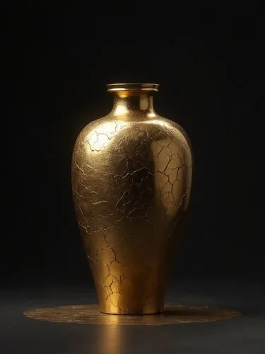 Photorealistic illustration of a gold broken vase with gold kintsugi cracks, on a dark background, cinematic realistic style, evoking Japanese art,,a small gold vase sitting on top of a table,copper v