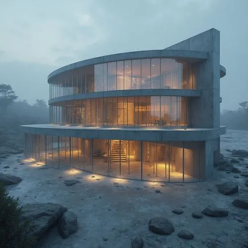 A detailed rendering of a circular building made of glass and metal materials, positioned on the lunar surface for astronaut habitation, with intricate architectural designs and advanced structural el