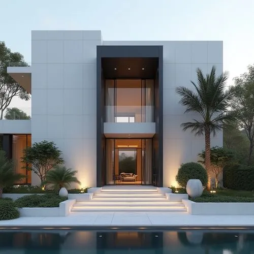 A hyper-realistic, high-resolution architectural photograph capturing a grand, ultra-modern luxury mansion at twilight. The building’s façade is composed of smooth white stone panels contrasted with s