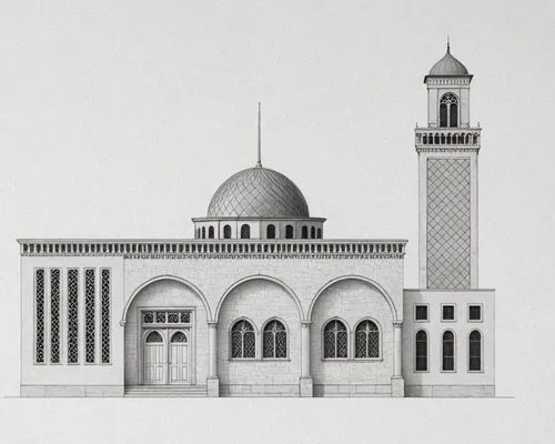 a drawing of a large building with a clock on it's side,alabaster mosque,big mosque,grand mosque,city mosque,mosques,mosque,star mosque,minarets,minaret,muezzin,caliphs,western architecture,reconstruc