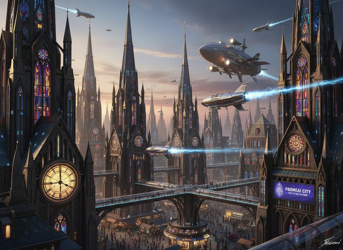 Eine detaillierte Nahaufnahme einer Raygun-Gothic-Stadtlandschaft mit fliegenden Fahrzeugen und hoch aufragenden Türmen, die die mit PromeAI möglichen feinen Details demonstriert.