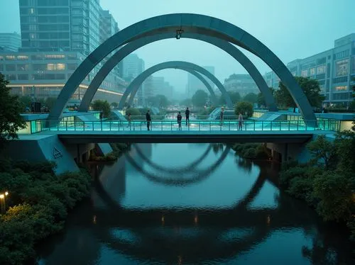 Futuristic bridge, sleek metal arches, suspended walkways, neon-lit accents, iridescent glass surfaces, angular pillars, cantilevered sections, minimalist railings, modern urban landscape, cityscape b