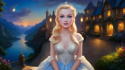 Romantic masterpiece oil painting, cute girl portrait, nostalgic 1950's style kitsch, breathtaking beautiful kingdom landscape, majestic fantasy scenery, evening lighting,  highly detailed, highres, a