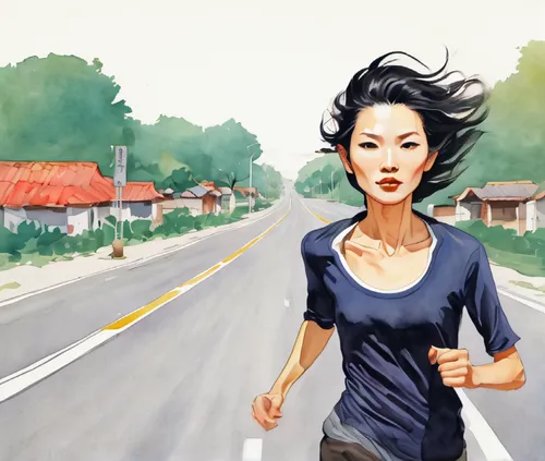 old female,collarbone hairstyle,running on road,woman walking,female runner,sprint woman,long-distance running,vietnamese woman,asian woman,running,free running,girl walking away,japanese woman,a pede