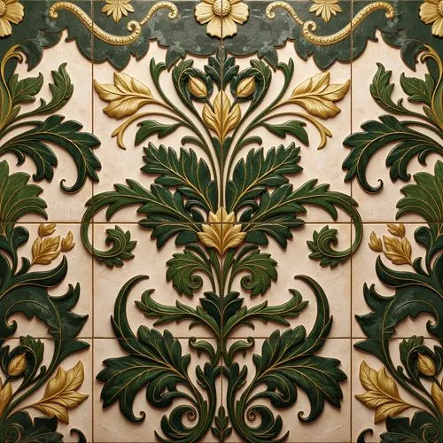 Intricate floral patterns, organic shapes, sinuous lines, flowing curves, ornate details, ceramic tiles, earthy tones, moss green accents, golden highlights, soft warm lighting, shallow depth of field