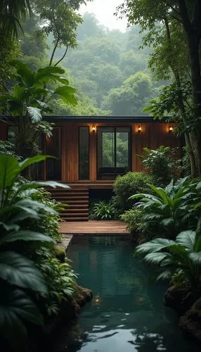 A modern villa nestled deep within a tropical rainforest, designed with an open floor plan that blurs the line between indoor and outdoor spaces. The villa’s glass walls slide completely open to revea