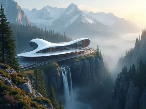 Mountainous scenic spot, futuristic architecture, sleek lines, metallic materials, glass façade, cantilevered roofs, overhanging eaves, snow-capped peaks, misty atmosphere, morning fog, sunrise glow, 