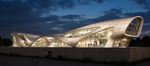 the exterior of a building with a circular white structure,futuristic art museum,futuristic architecture,etfe,philharmonie,soumaya museum,safdie,morphosis,modern architecture,futuroscope,bjarke
