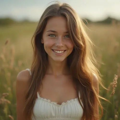 Ultra hd, 8k , masterpiece, most beautiful girl, long brown hair, smiling at the camera, tight white dress, big round green eyes, in a weed field,a woman standing in tall grass smiling,a girl's smile,