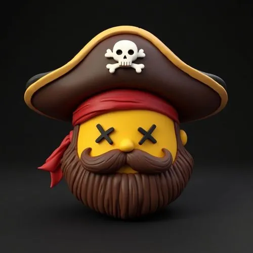 A 3D rendering depicts a yellow circular emoji against a black background. The emoji wears a brown pirate hat featuring a lighter brown curved brim and a darker brown crown. A white skull and crossbon