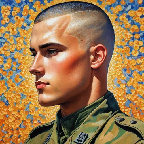 Setting: Military. The history and significance of buzz cuts in the military and their impact on men's identity.,oil on canvas,oil painting on canvas,military person,soldier,oil painting,marine,ranger