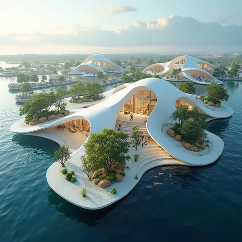 Imagine a floating architectural masterpiece designed as a cultural and recreational hub. The structure should house an amphitheater, art galleries, and floating gardens. Focus on dynamic, fluid forms