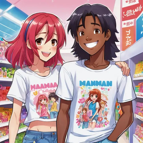 manga teen boy with long red hair and brown eyes wearing a bluet-shirt and white denim shorts laughing and shopping with a teen boy with shoulder length black hair and dark skin wearing a t-shirt with