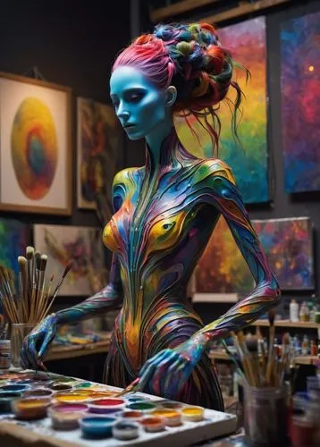 Artistic bender, fantasy creature, humanoid figure, slender body, long arms, fingers morphing into paintbrushes, colorful hair resembling a mix of oil paints, vibrant makeup with swirling patterns, in