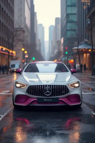 Modern, Super Maybach Sports Car Diamond White Pink positive side 8K Ultra HD, Luxury Metropolis background






,a white sports car is driving down the street,mercedes-amg gt,mercedes amg gt roadste
