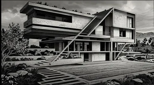 architecture sketch,an artistic painting depicting an architectural structure with a sloping staircase,cubic house,modern architecture,habitat 67,cantilevers,modern house,house drawing,cube house,mid 