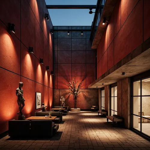 Exposed concrete walls, brutalist architecture, industrial aesthetics, raw unfinished surfaces, bold color palette, deep rich reds, dark cool blues, muted earthy tones, warm golden lighting, dramatic 