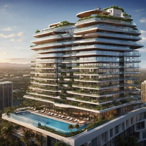 Two 14 stories, solor glass, renewable energies,  triangular outer buildings, separate 14 stories octagonal center building, three pools, one rooftop deck pool, balconies on one building,,largest hote