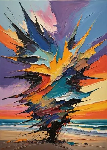 Painted with a brush, for hours at dusk in front of a beach, birds dancing by in perfect dance. You are attracted by the storm and the sand. Abstract Expressionism. Mixed media. Crazy sunset. ,an abst