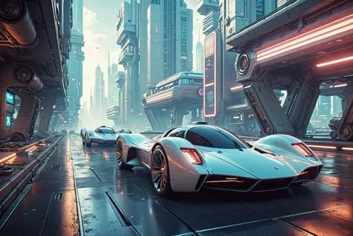 ((stylized futuristic cars on a Ecumenopolis City)), 8k resolution, retro vibe,1980s Photo,Mangaka style,Muted Retro Colors Anime,retro50s_style,Commercial Photography,car,high tech, greeble, masterpi