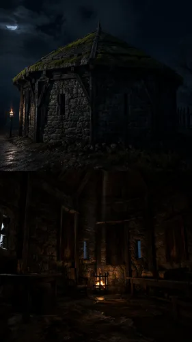 A night scene of a low stone tower with reinforced beams and a moss-covered green roof. Small observation slits are set into the stone walls. The interior features somber tapestries and a faint glow f