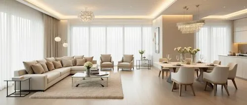 A luxurious and bright modern living and dining room featuring a soft beige and cream color palette, with a warm and inviting ambiance, the living area includes two large cream-colored sofas arranged 