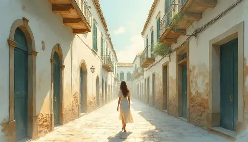 A watercolor style image, characterized by soft, diffused edges and visible brushstrokes, featuring a solitary woman walking through a sunlit alleyway. The scene utilizes an earthy color palette of wa