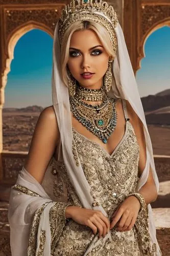 Barbie arabian,
eras headshots，Lifestyle Headshots， Lifestyle，Exotic Arabian Nights，women,  dj booth, speakers
,a woman in traditional costume with an elaborate crown,bridal jewelry,maharani,orientali