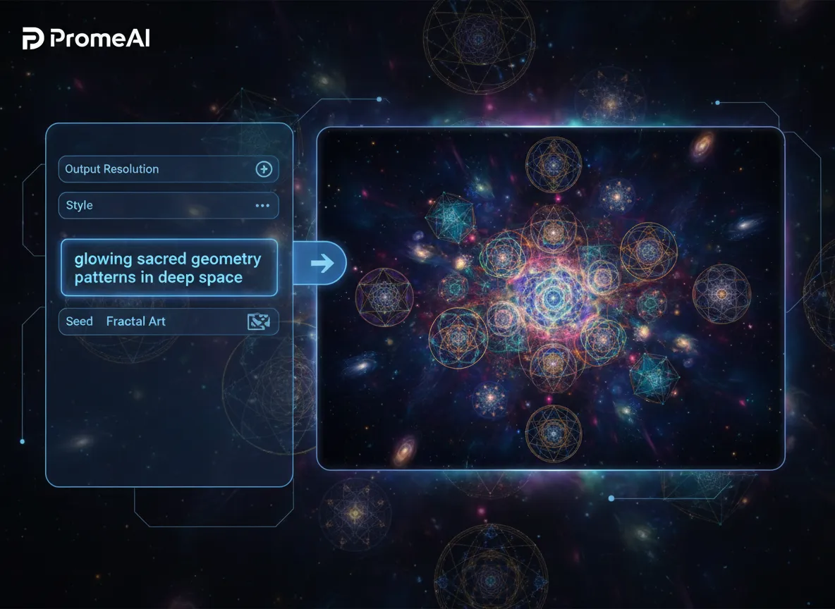 PromeAI का यूजर इंटरफ़ेस जिसमें एक टेक्स्ट प्रॉम्प्ट फ़ील्ड में 'गहरे अंतरिक्ष में चमकते पवित्र ज्यामिति पैटर्न' शब्द और उसके बगल में परिणामी AI फ्रैक्टल आर्ट दिखाई दे रहा है।