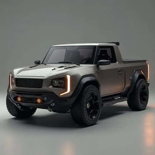 A high-performance electric pickup truck with a futuristic industrial aesthetic. Its exoskeleton is made of brushed titanium, with retractable storage compartments and tools. The truck is illuminated 
