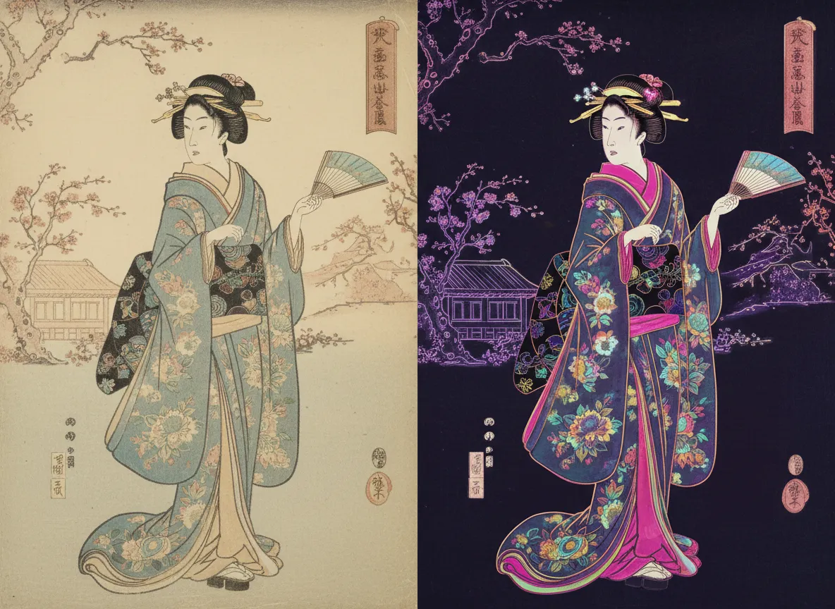 Un confronto affiancato che mostra una classica stampa Ukiyo-e di una geisha e una versione generata dall'AI con accenti di colore moderni.