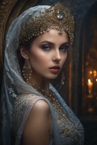 "Generate an ethereal portrait of a woman shrouded in mystery and beauty. Envision a soft, ambient light casting delicate shadows on her features, emphasizing an enigmatic gaze. Capture the allure of 